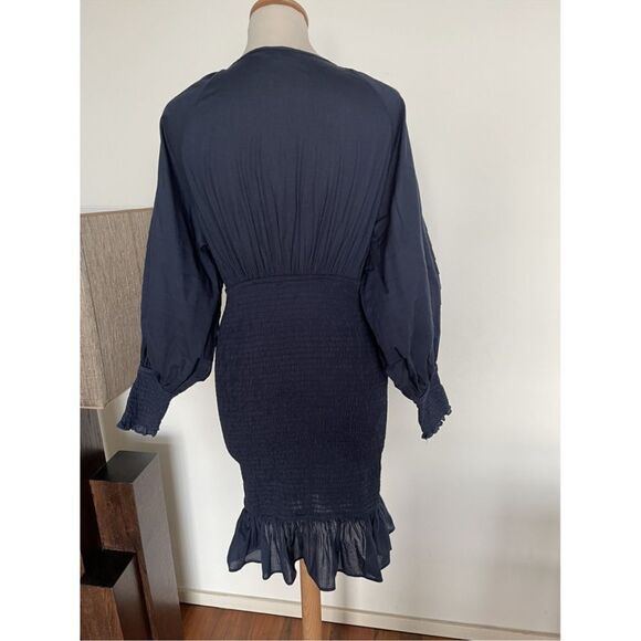 Rhode Smocked Cotton Poplin Mini Dress Navy Blue Large - Picture 4 of 5